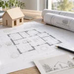 Symbolbild: Entwurfspläne eines Hauses mit Architekturmodell und Zeichenwerkzeugen