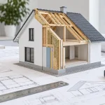 Symbolbild: Hausmodell mit sichtbarer Dämmung und Tragwerk für Statik und Energieberatung